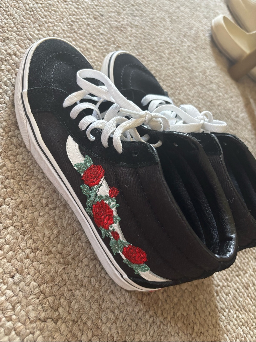 VANS Black High-Top Sneakers with Red Rose Embroidery - Women's
